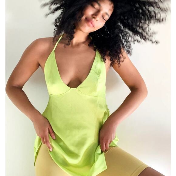 Free People Hang On Halter Slip Dress Large Lime Green Neon Mini Silky Y2K - Picture 1 of 10